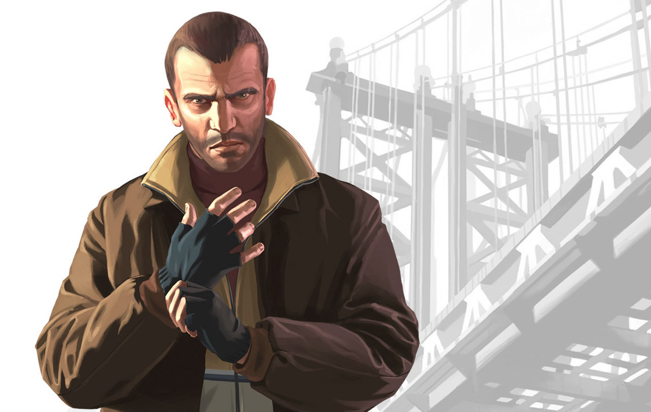 Niko Bellic na tle mostu - główny bohater GTA IV