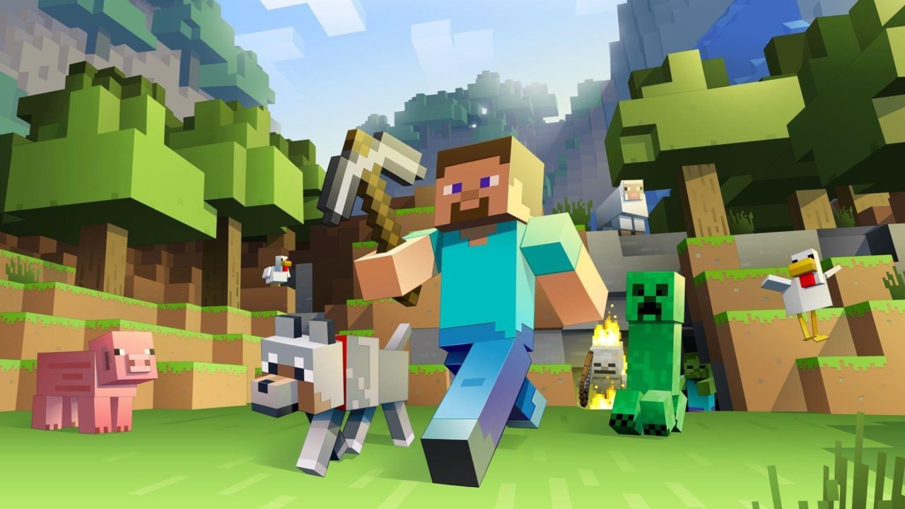 Minecraft - Steve z wilkiem idzie przez świat, w tle inne moby