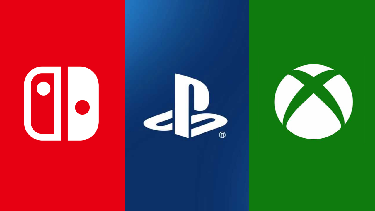 Sprzedaż konsol - PS5, Nintendo, Xbox - loga firm