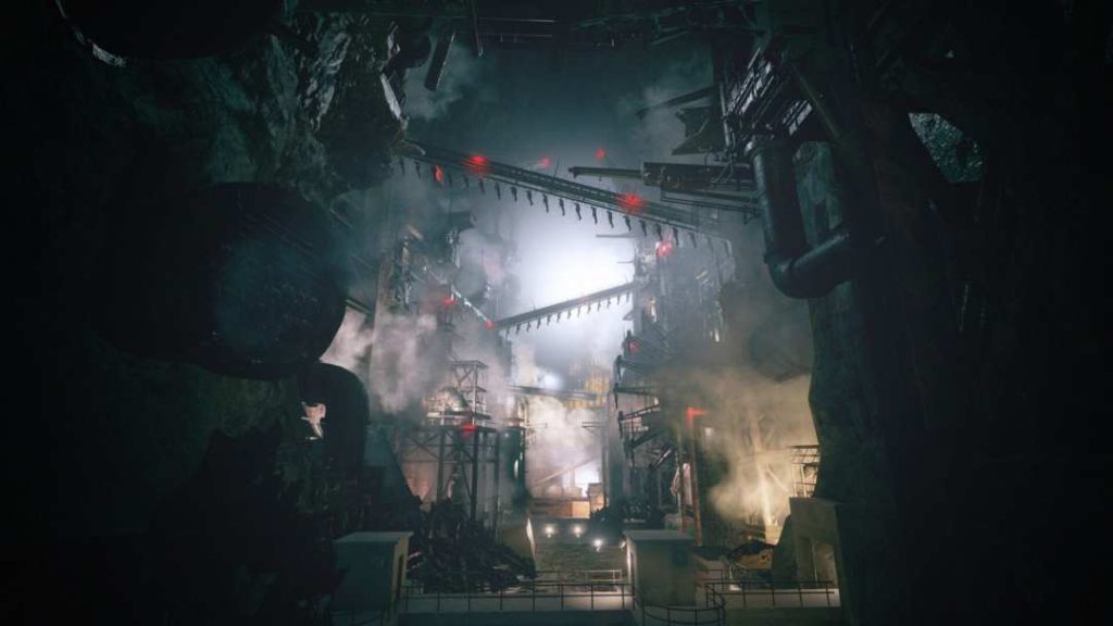 Ciemno oświetlona fabryka z Resident Evil Village