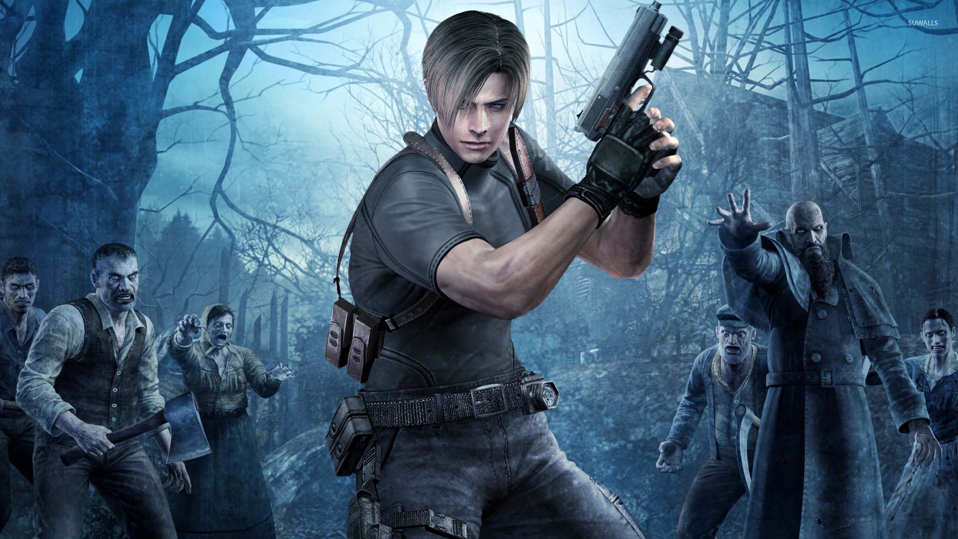 Leon S. Kennedy z pistoletem w ręce z Resident Evil 4