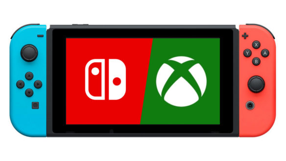 Nintendo Switch ze swoim logo i logo Xboxa