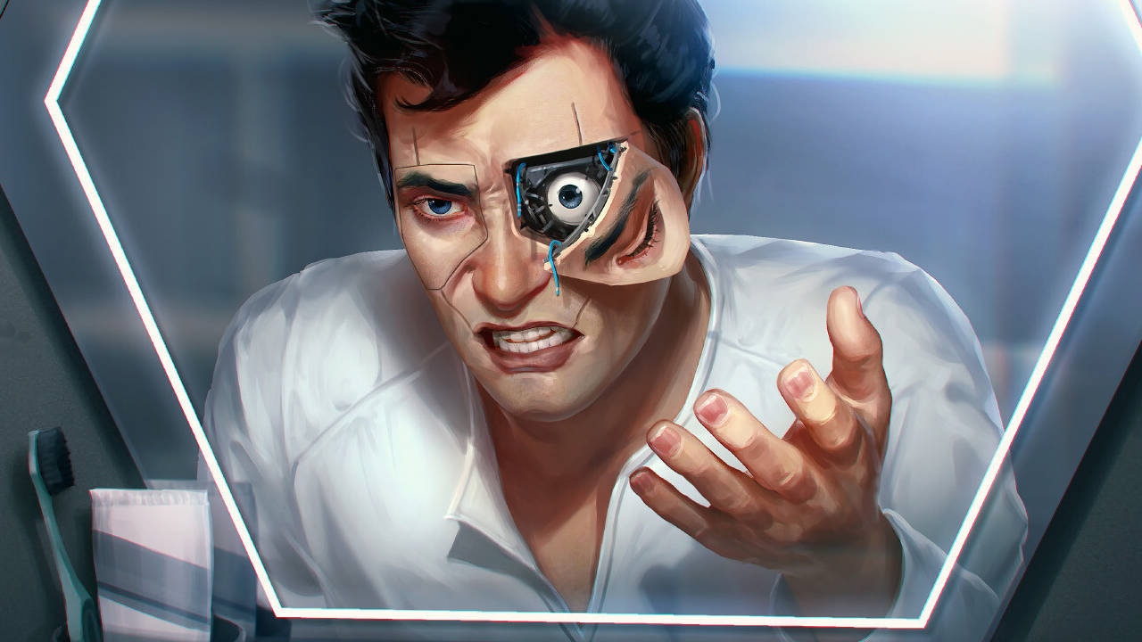 Cyberpunk 2077 - grafika z gry stworzonej przez CD Projekt RED, przedstawia mężczyznę z wyciągniętą częścią implantu oka