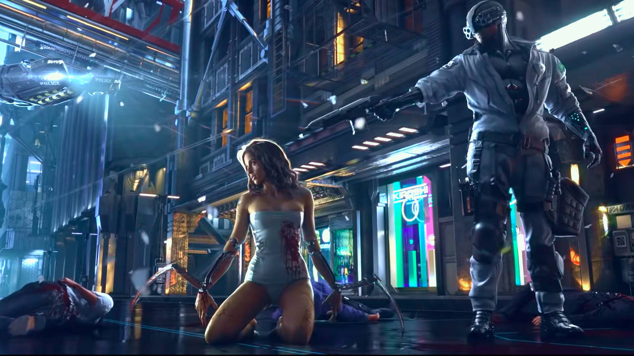 Cyberpunk 2077 - kobieta ze wszczepami leży na ulicy przed ewentualną śmiercią