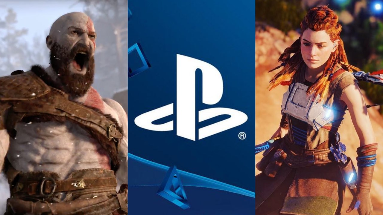 DoGRYwka - krzyczący Kratos, logo PlayStation i Aloy z Horizon Forbidden West