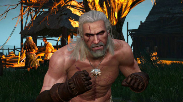 Geralt z gry Wiedźmin 3 ze wściekłą miną bez koszulki