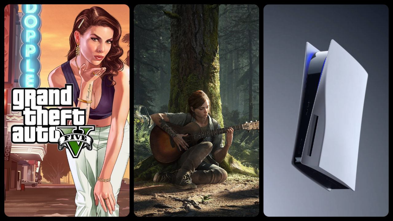 Logo GTA V, Ellie z The Last of Us 2 gra na gitarze, konsola PS5