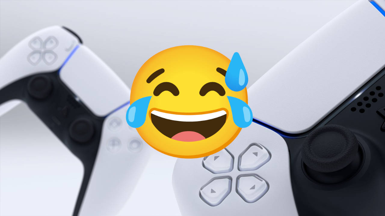 playstation patent - dwa kontrolery dualsense i emoji uśmiechu ze łzami na środku