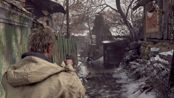 Resident Evil Village TPP Mod - główny bohater strzela z pistoletu do wilkołaka