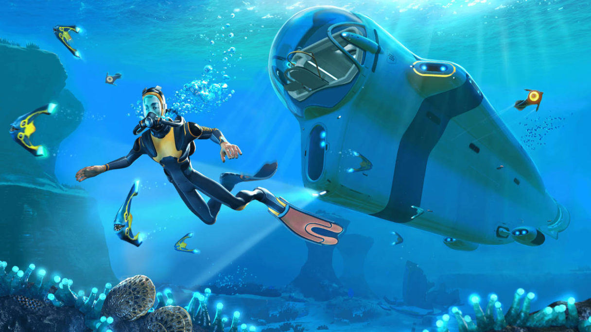 Subnautica - bohater gry pod wodą wraz ze swoim podwodnym pojazdem