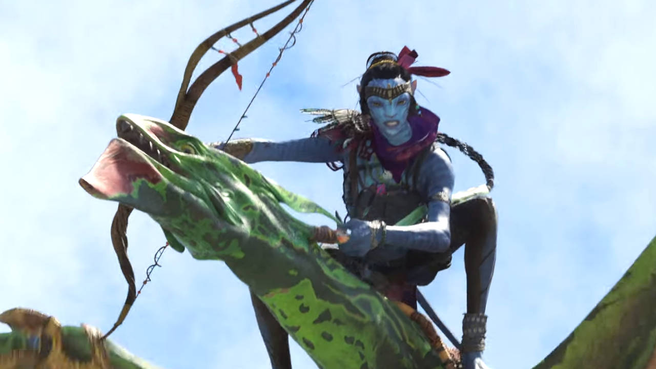 Avatar: Frontiers of Pandora - niebieski bohater leci na smokopodobnej istocie