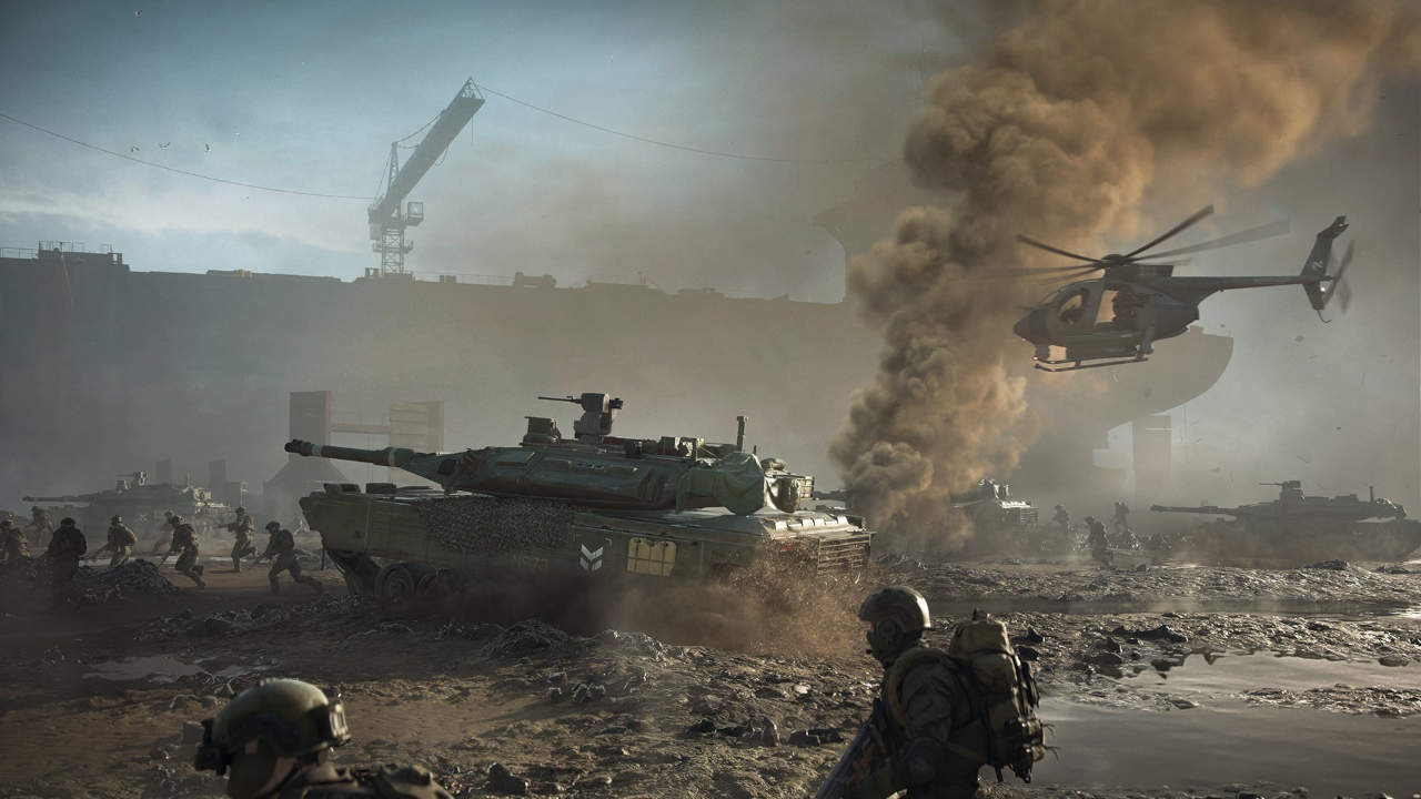 Battlefield 2042 - czołg, helikopter i żołnierze na polu bitwy