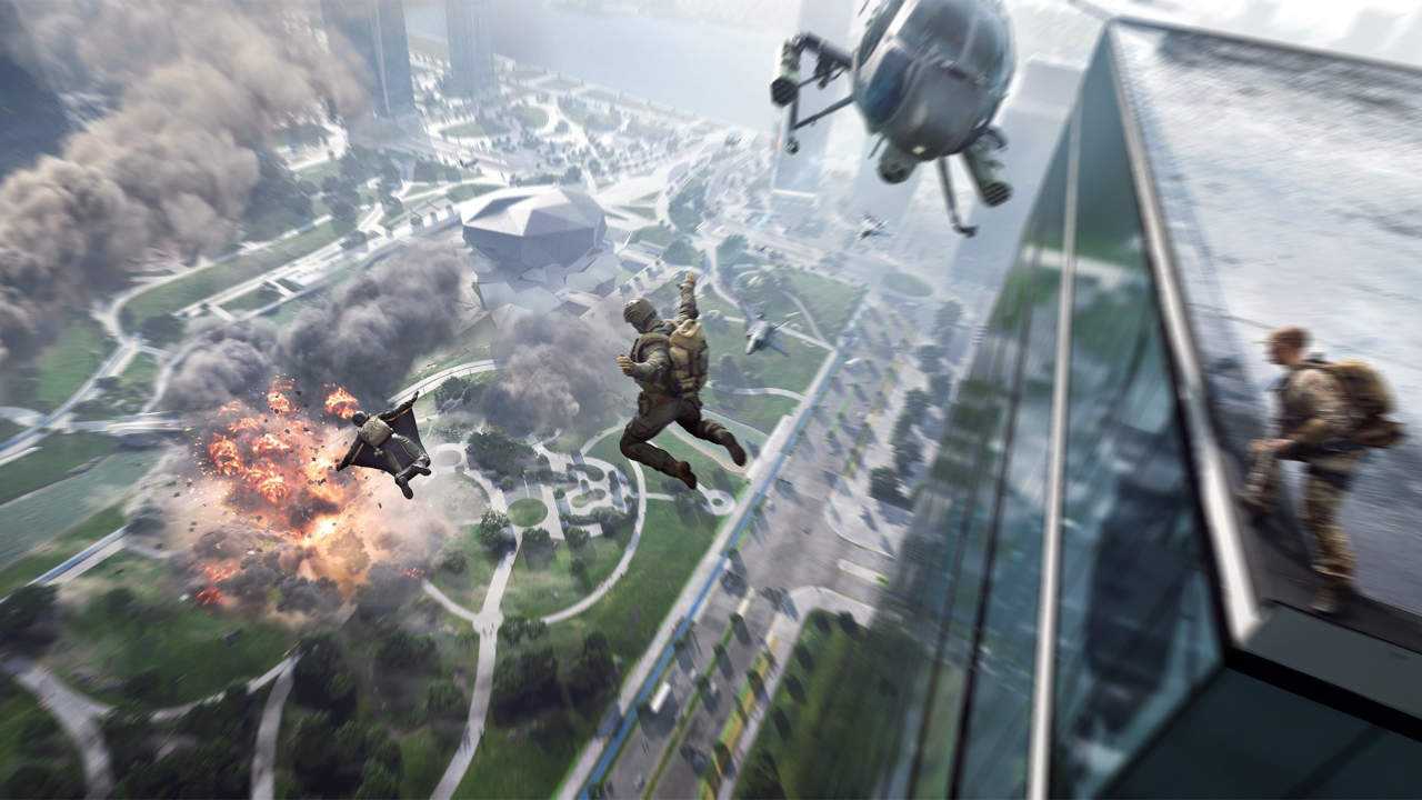 Battlefield 6 - żołnierze skaczą z budynku w wingsuitach