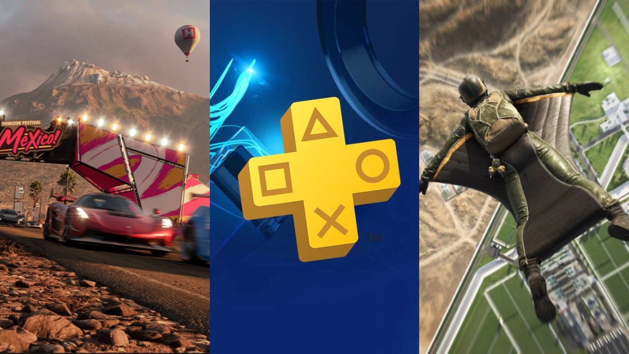 DoGRYwka - czerwony samochód z Forza Horizon 5, logo PS Plus, żołnierz w wingsuicie z BF 2042