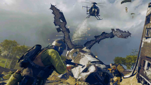 Call of Duty Warzone - gracze strzelają do siebie na tle lecącego helikoptera