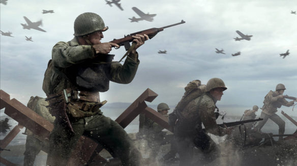 Call of Duty WWII i Vanguard- żołnierze na polu bitwy i samoloty w tle