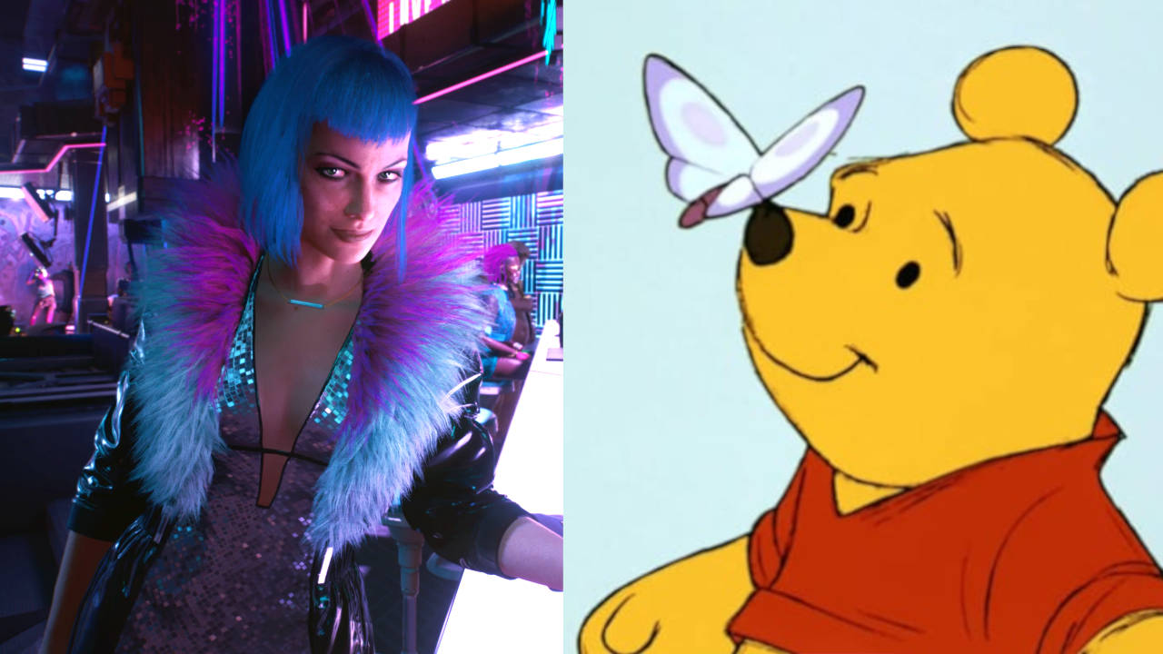 Cyberpunk 2077 x Kubuś Puchatek - bohaterka gry w pubie i bohater bajki