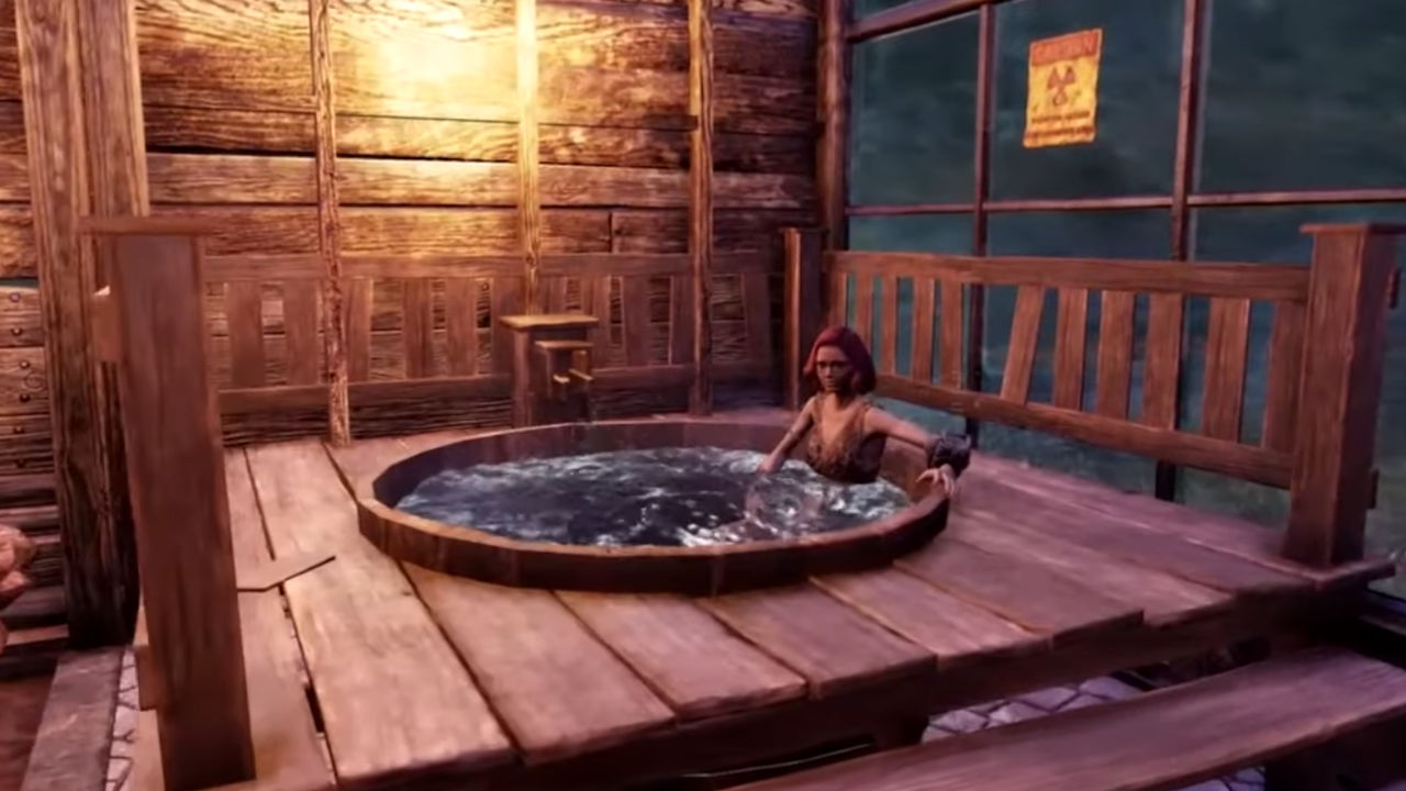 Fallout 76 - kobieta leży w jacuzzi