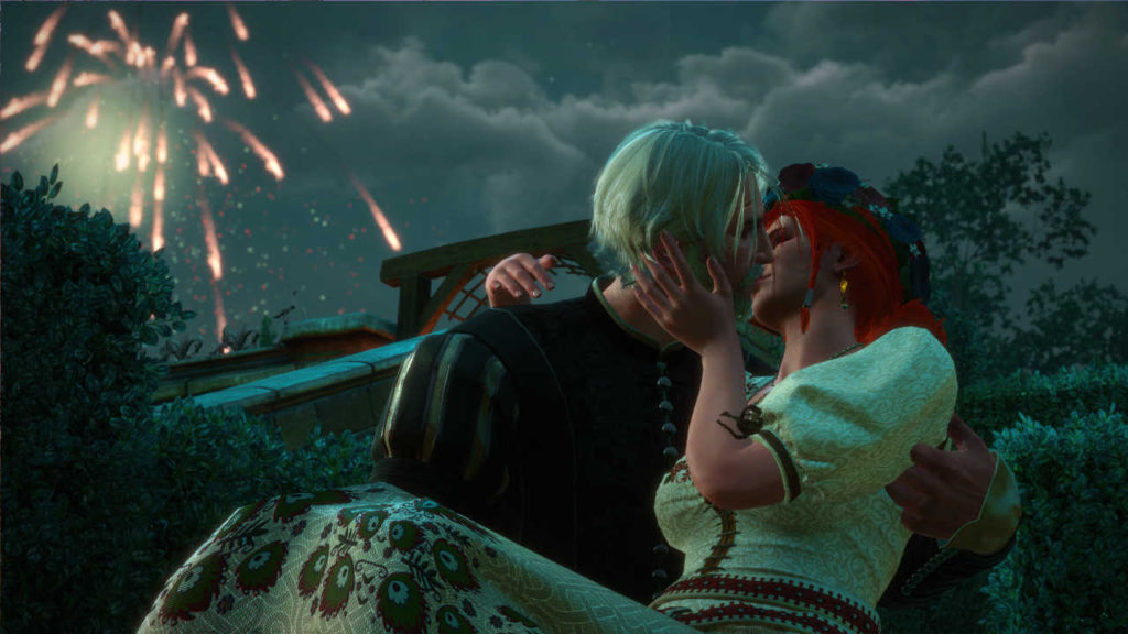Wiedźmin 3 - Triss w kwiecistej sukni całuje się z Geraltem