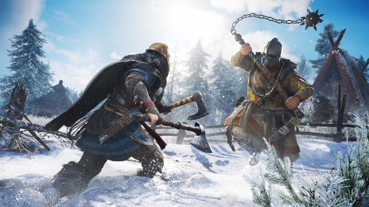 Assassin's Creed Valhalla - Eivor walczy z przeciwnikiem w śniegu