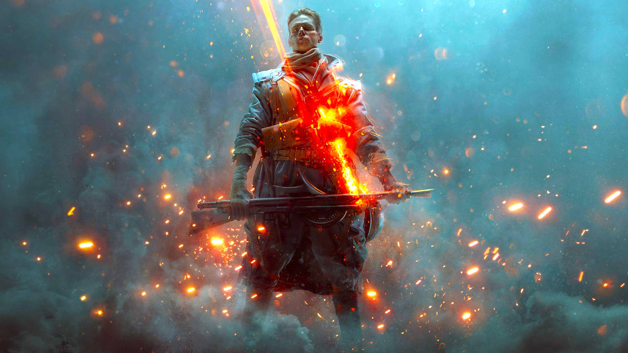 Battlefield 1 - Nie Przejdą - grafika z żołnierzem z bronią, wokół masa iskier i dymu