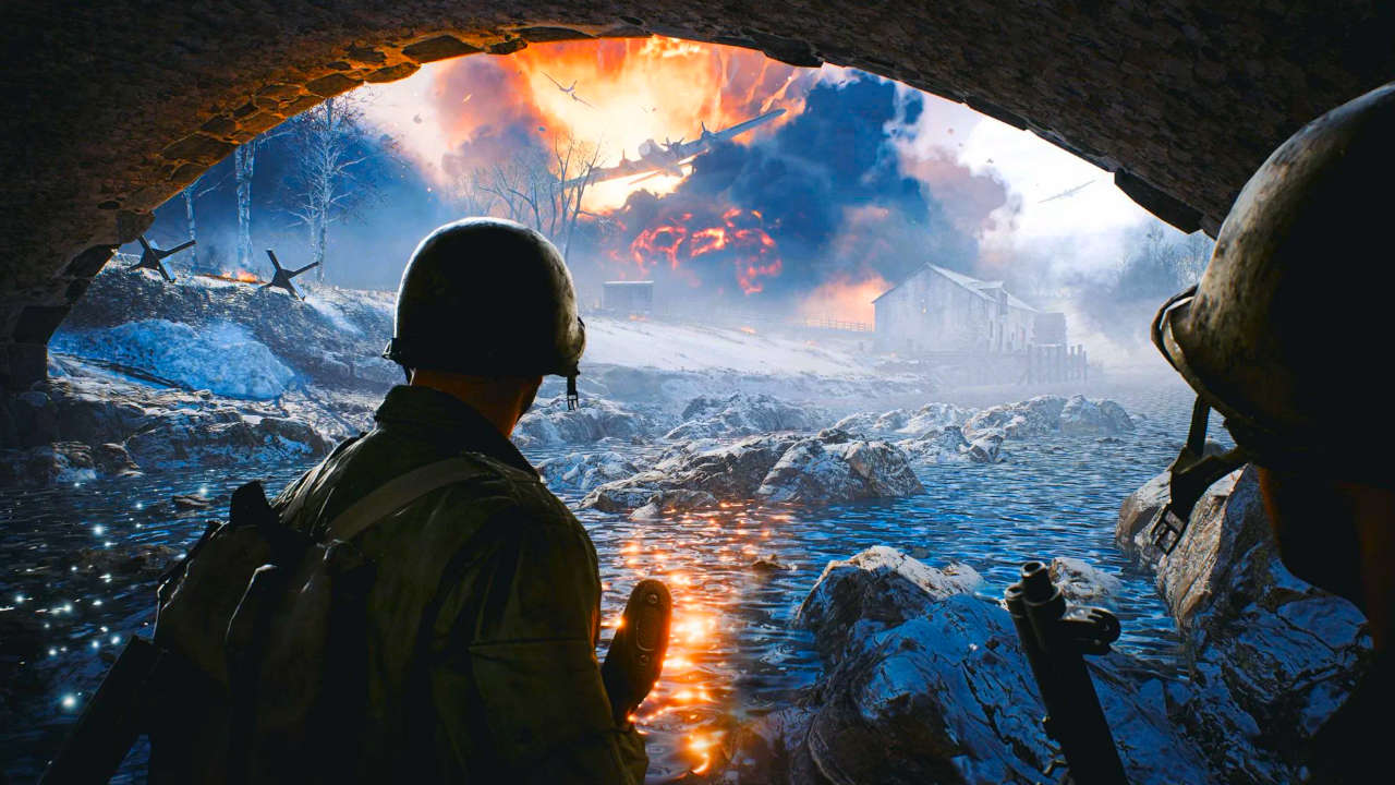 Battlefield 2042 - dwójka żołnierzy pod mostem patrzy na wybuchy