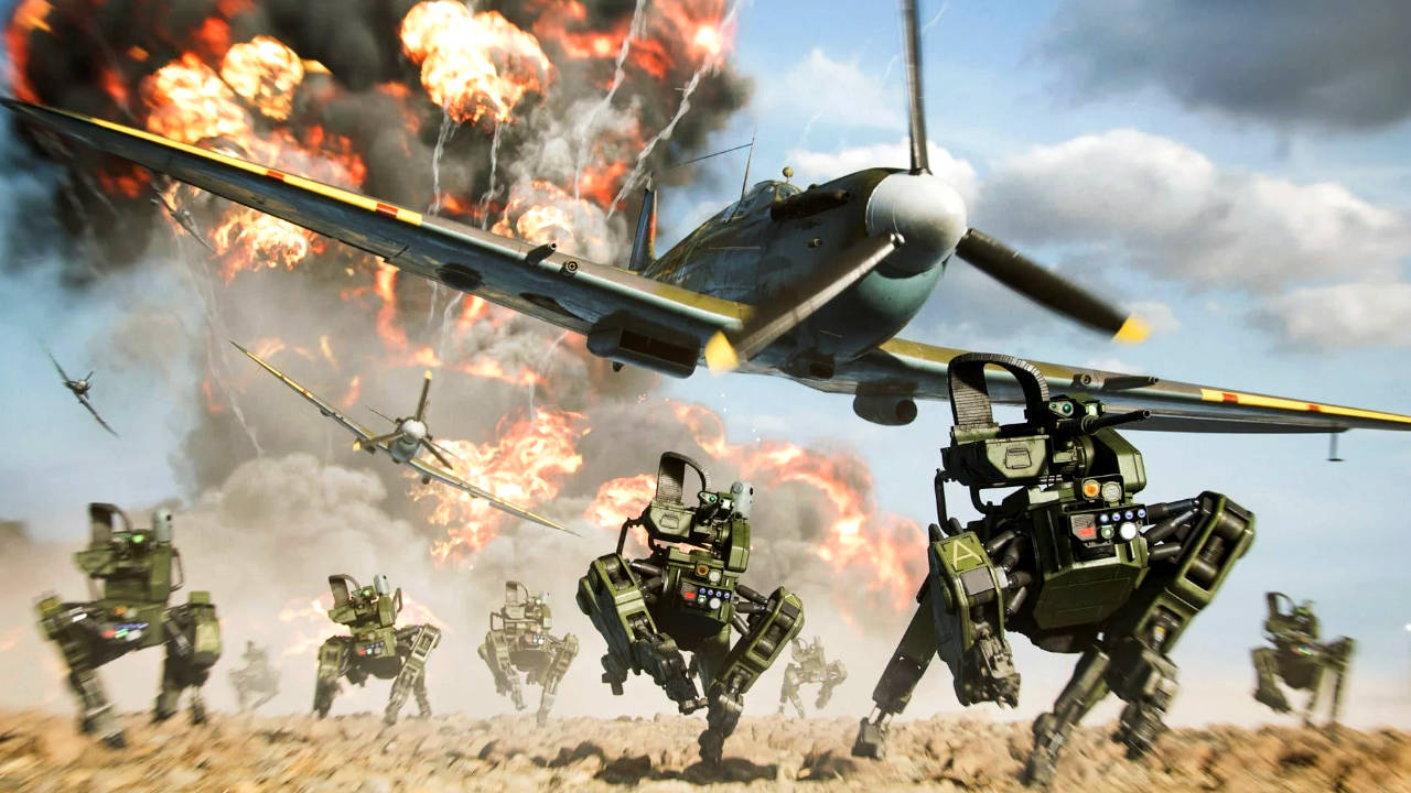 Battlefield 2042 - Portal Mode - roboty Szarik i samolot uciekają przed wybuchem