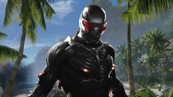 Crysis Remastered Trilogy - mężczyzna w technologicznej zbroi na tle palm