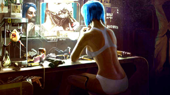 Cyberpunk 2077 - kobieta w bieliźnie grzebie w swojej cyberpunkowej dolnej szczęce
