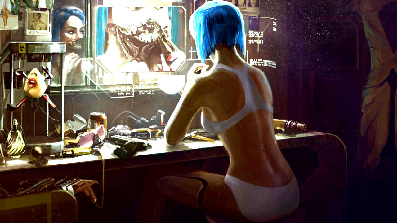 Cyberpunk 2077 - kobieta w bieliźnie grzebie w swojej cyberpunkowej dolnej szczęce