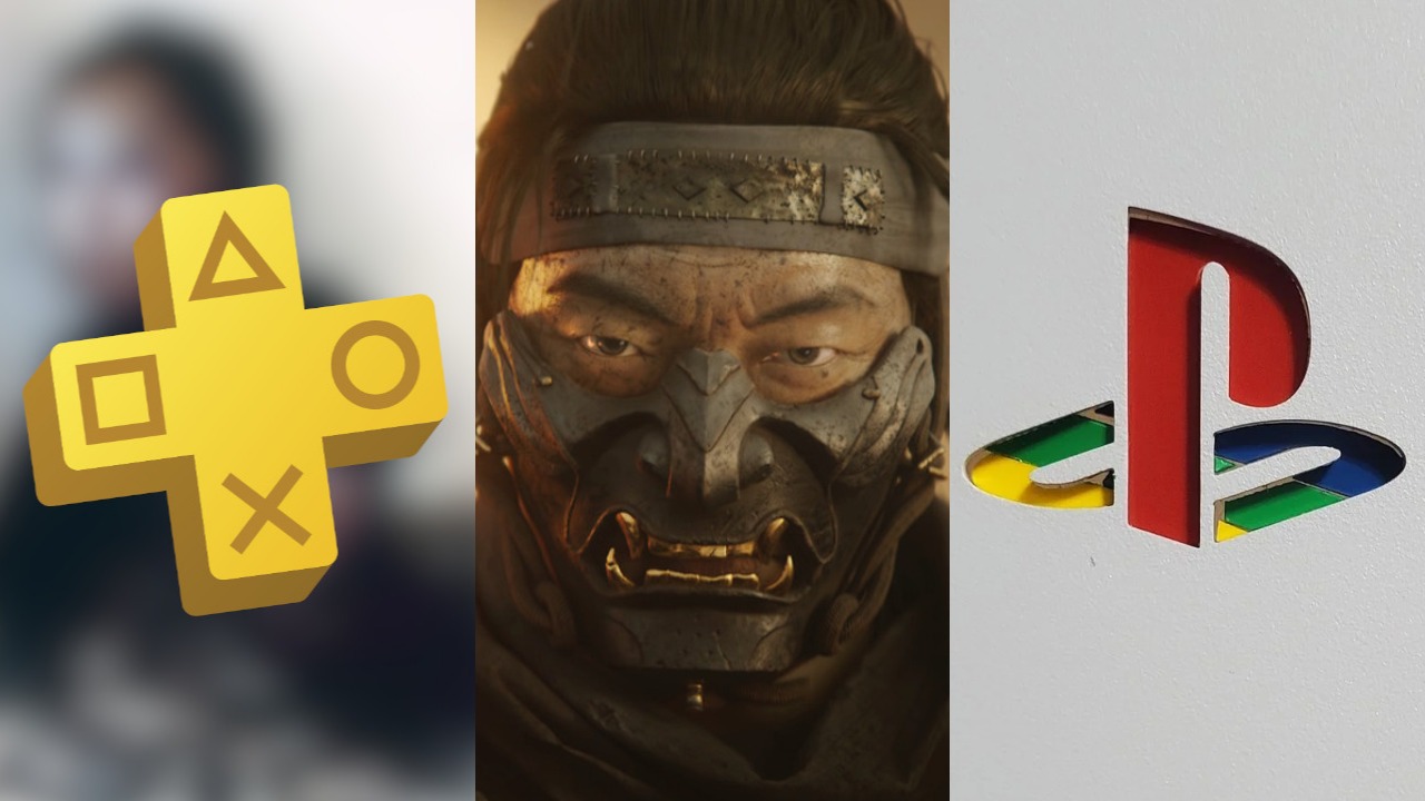 DoGRYwka - logo PS Plus, twarz samuraja w masce z Ghost of Tsushima, logo PlayStation