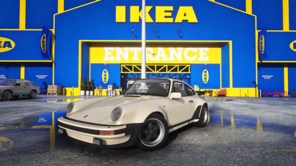GTA V - zmodowana wersja gry - sportowy samochód na tle IKEA