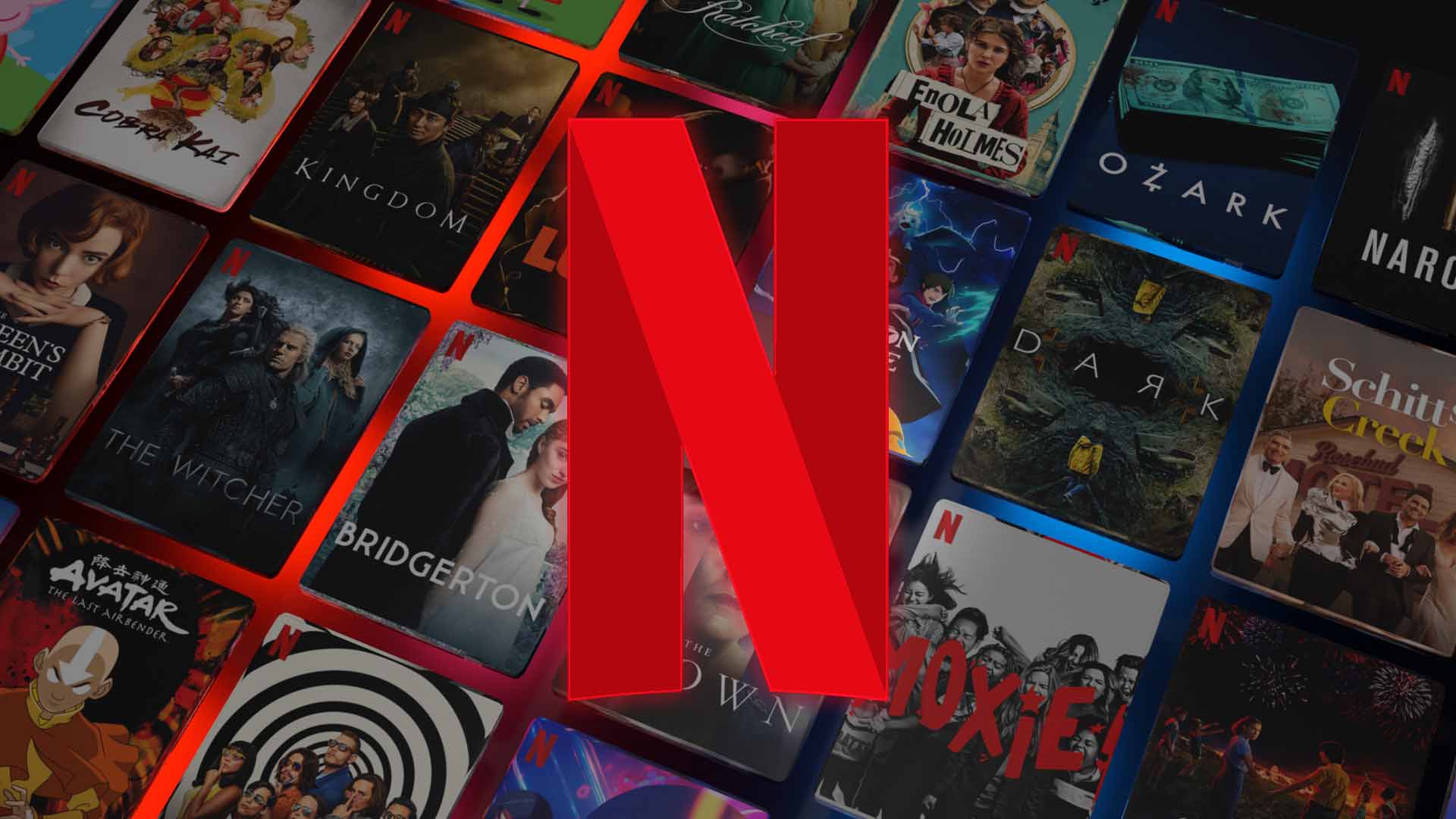 Netflix - logo na tle grafik filmów i seriali