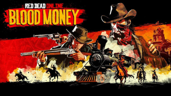 Red Dead Online - grafika promująca dodatek Blood Money, masa kowbojów na tle lokomotywy