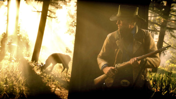 Red Dead Redemption 2 - bohater gry czai się za drzewem na zwierzynę