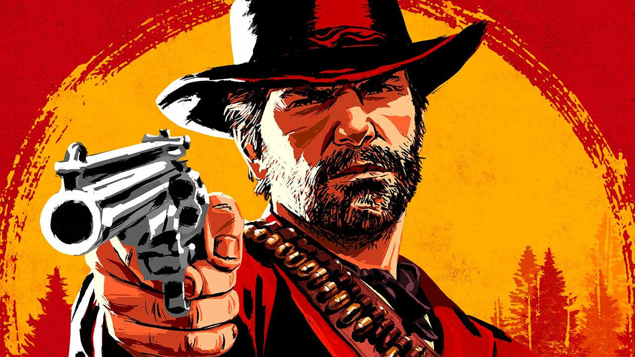 Take-Two Interactive - grafika promująca Red Dead Redemption 2 z twarzą głównego bohatera i pistoletem w jego ręce