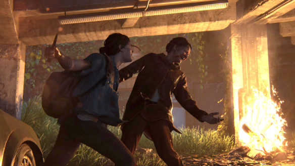 The Last of Us 2 - Ellie atakuje przeciwniczkę nożem na tle ogniska