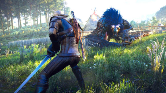 Wiedźmin 3 - Geralt walczy z gryfem na polanie