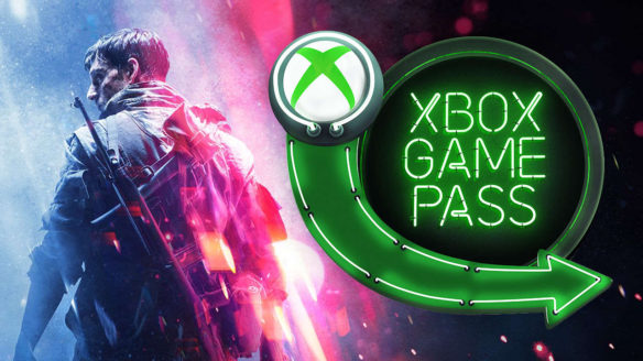 Xbox Game Pass logo na tle grafiki Battlefield V - żołnierz odwrócony plecami