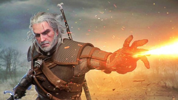 Geralt korzysta ze znaku Igni w grze Wiedźmin 3