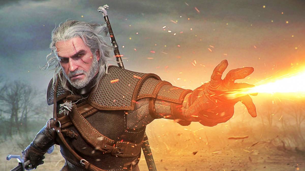 Geralt korzysta ze znaku Igni w grze Wiedźmin 3