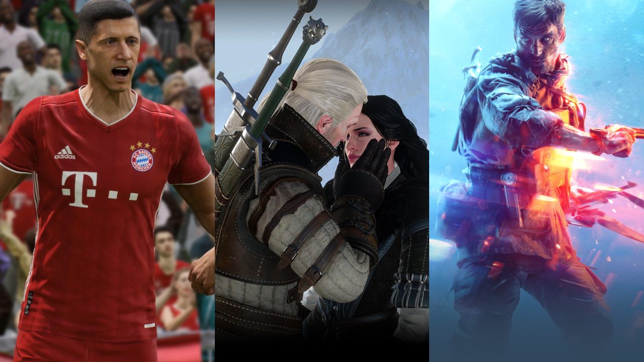 eFootball - piłkarz cieszy się na boisku, Geralt i Yennefer przytulają się namiętnie, żołnierz z Battlefield V w nietypowym świetle