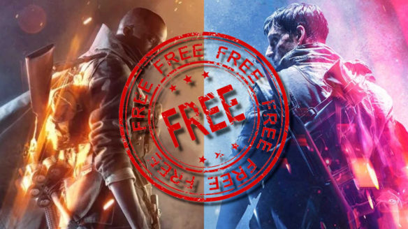 Bohaterowie z Battlefield 1 i V patrzą na siebie, ogromny stamp "Free" na środku