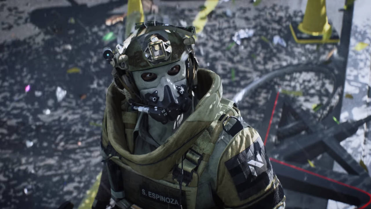 Battlefield 2042 - żołnierz z maską na twarzy patrzy w niebo