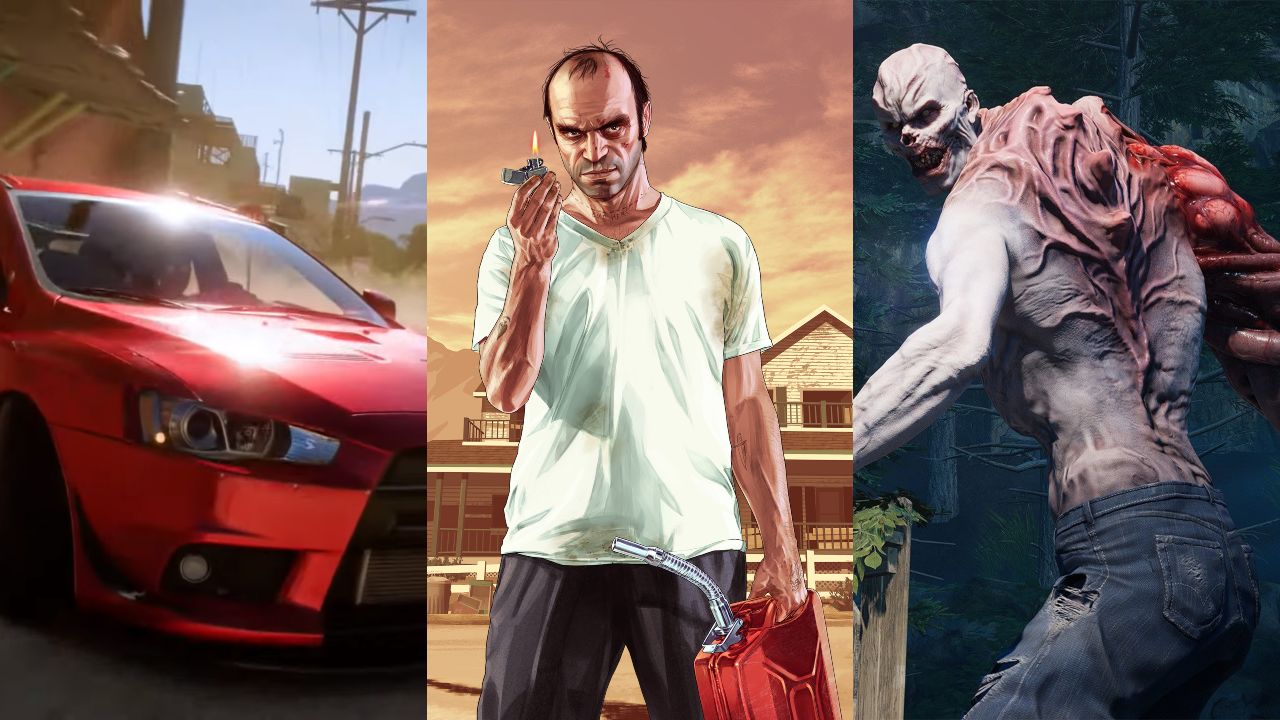 Czerwony, sportowy samochód z Forza Horizon 5, Franklin z GTA V z kanistrem paliwa, zombie z Back 4 Blood z ogromną łapą