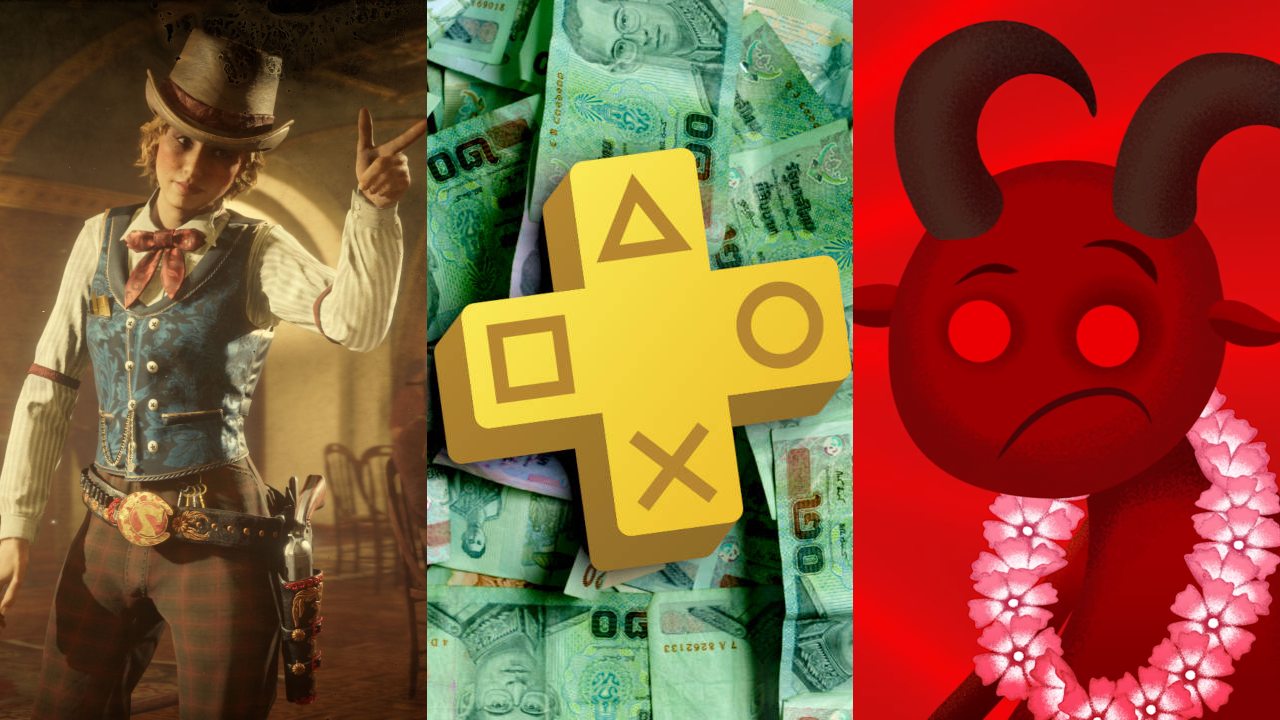 DoGrywka - cowgirl z Red Dead Online, logo PS Plus na tle banknotów, diabeł z Hell Architect w hawajskim wianku na szyi