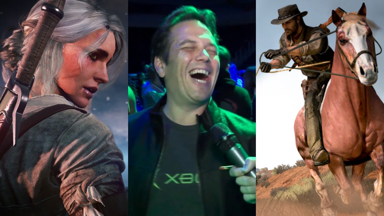 Ciri z Wiedźmin 3: Dziki Gon, Phil Spencer śmieje się do mikrofonu, kowboj na koniu ciągnie mężczyznę na sznurze - możliwy Red Dead Redemption Remake