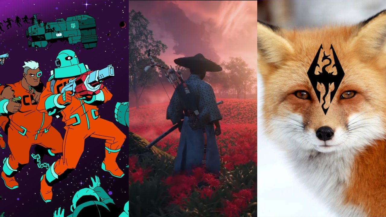 Więźniowie z Void Bastards, samuraj z Ghost of Tsushima Director's Cut, lis z logo Skyrima na czole