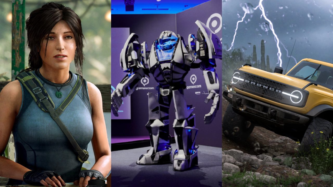 DoGRYwka - Lara Croft ze zdziwioną miną, robot będący maskotką eventu Gamescom 2021, samochód terenowy jedzie przez pustynię podczas burzy w Forza Horizon 5