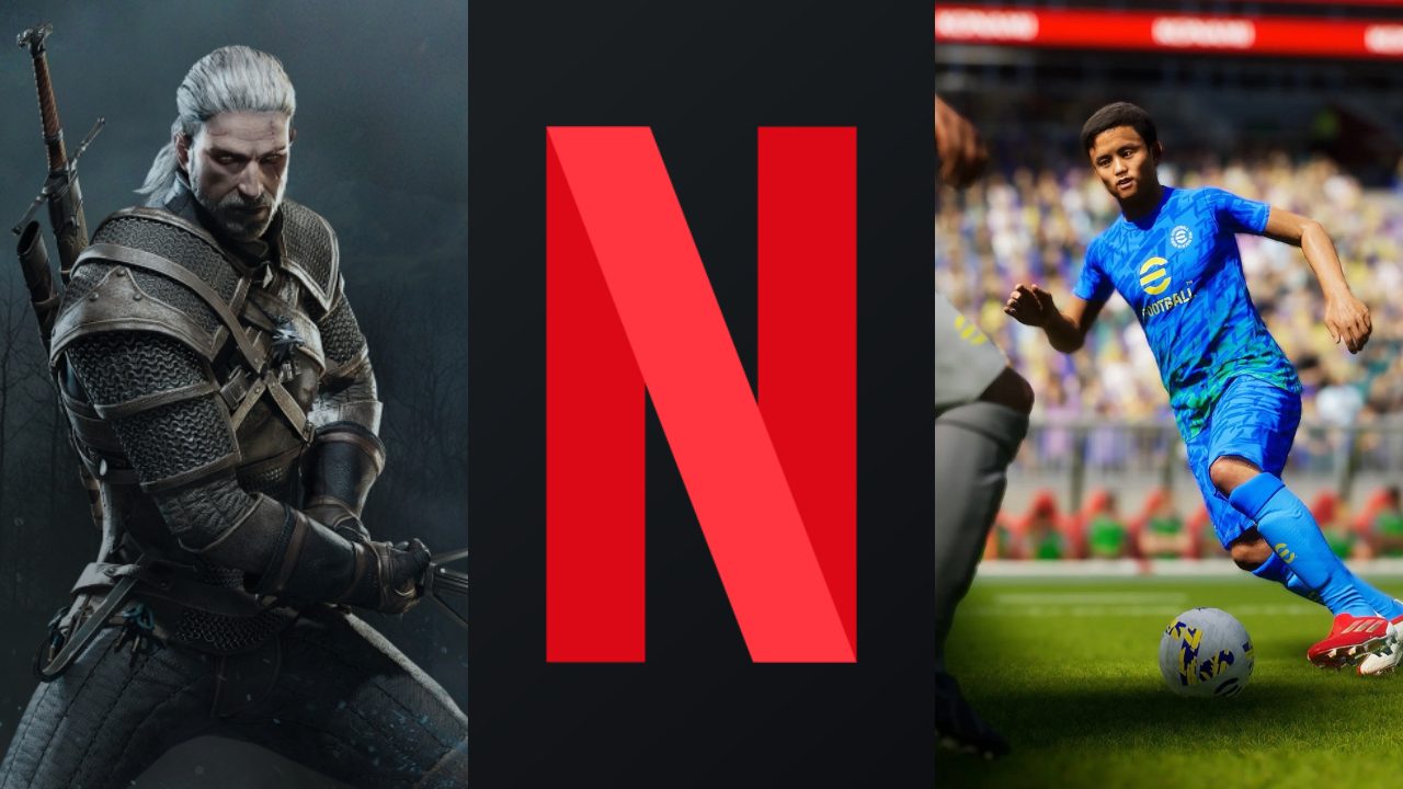 DoGRYwka - Geralt z gry Wiedźmin 3: Dziki Gon, logo Netflix, piłkarz na murawie z eFootball